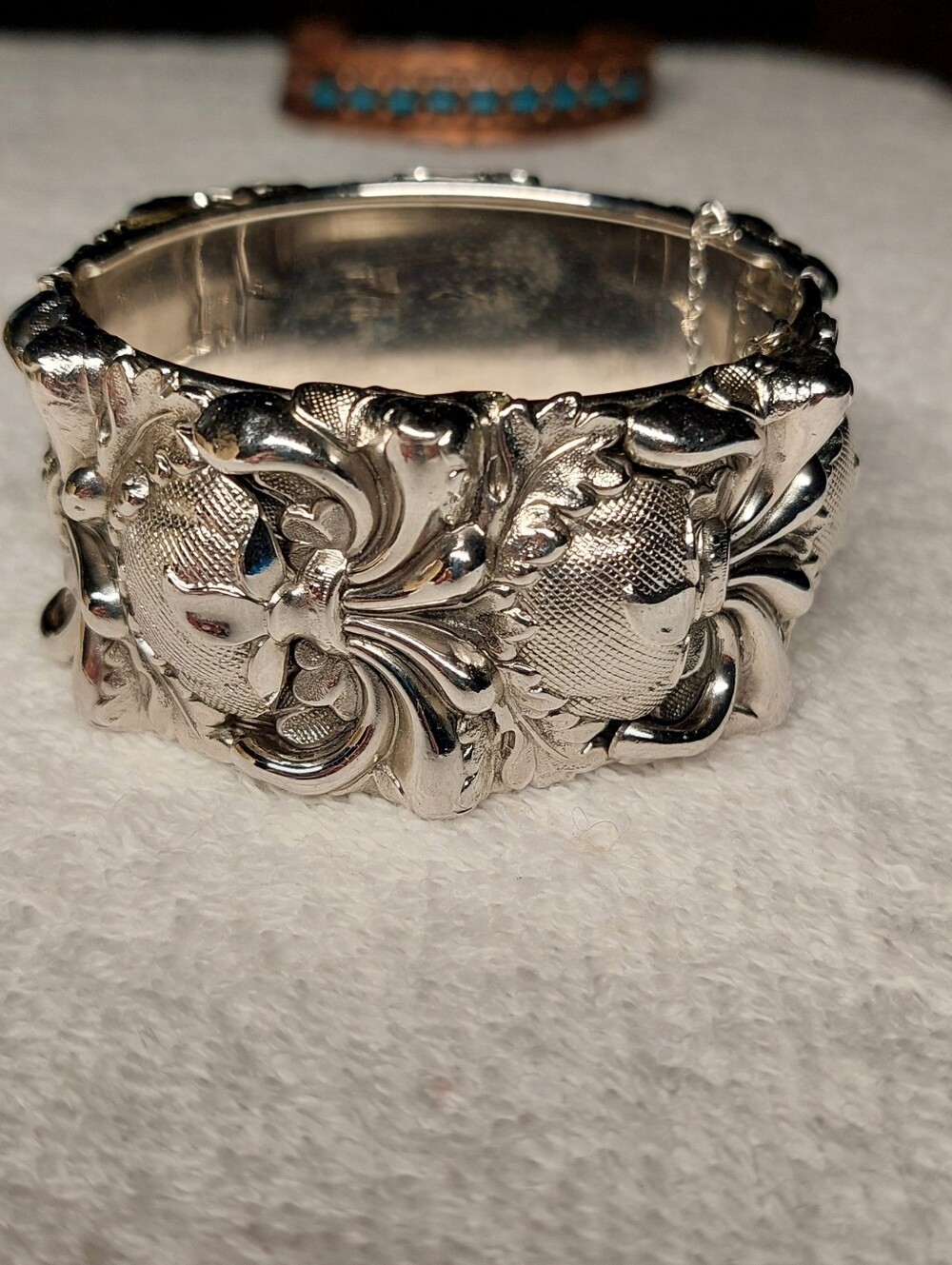 Ornate Silver Floral Relief Cuff Bracelet Whiting & Davis